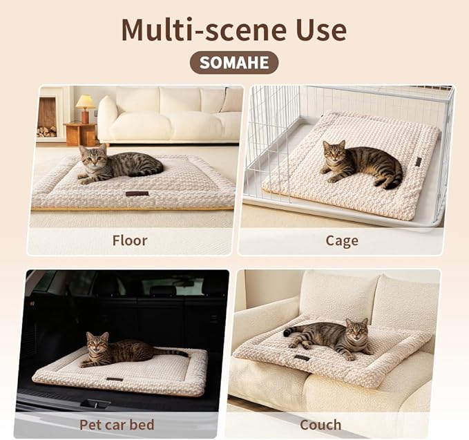 SOMAHE Cat Beds Flat Cat Bed Mat, Premium Plush Cat Mat with Non-Slip Bottom, 1.2" Thick All-Season Kneading Cushion, Machine Washable Anti-Static Pet Bed 15×23Inch, Milk