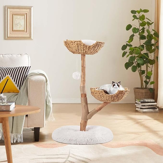 unipaws Wood Cat Tree Tower for Large Cats 20lbs, Updated Enlarge 24" Base with Dual Woven Baskets, 41" H Cat Activity Tree with Plush Cushions and Scratching Post