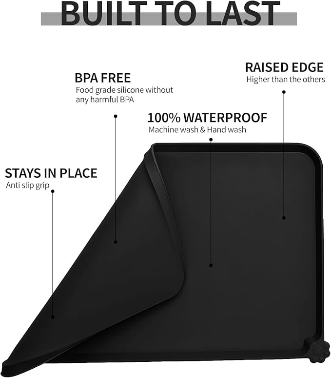 Reopet Waterproof Pet Feeding Mat, Non-Slip Silicone Placemats for Dog Cat Food and Water Bowl, High Raised Edges to Prevent Spills and Protect Floors