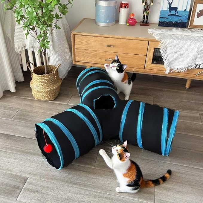 Cat Tunnel Tube Toy Collapsible 3 Way Black Blue, Pet Tunnels for Indoor Cats, Play Tubes with Hanging Ball Perfect Interactive Toys for Fun Playtime & Exercise for Kitten, Puppy, Rabbit