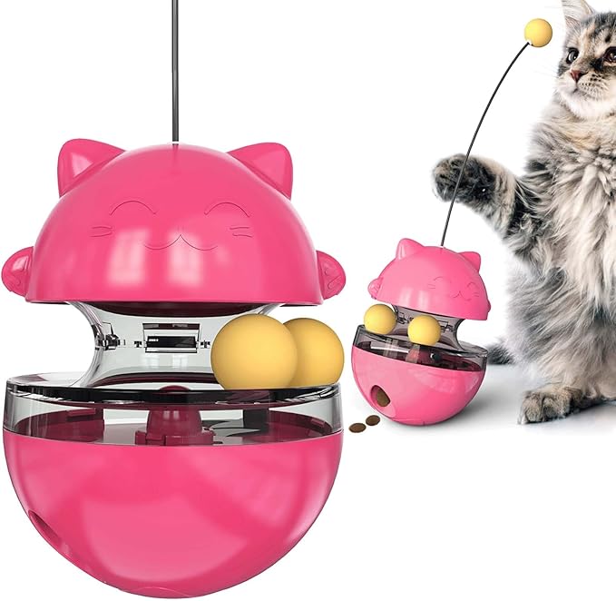 Interactive Cat Toy for Indoor Cats Wobble Treat Dispenser Ball Kitten Food Dispenser & Puzzle Feeder Balls & Enrichment Toys & Mental Stimulation Interactive Brain Game (Rose Red)