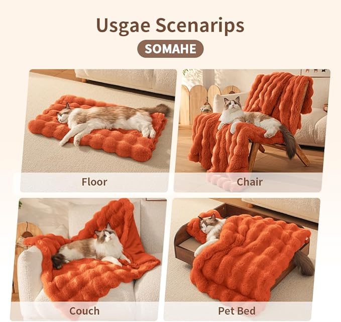SOMAHE Cat Blanket, Reversible Sherpa & Bubble Fleece Pet Throw, Ultra-Soft Plush for Indoor Cats, Machine Washable, Anti-Static, Warm & Cozy, 22"×18" Inch Orange