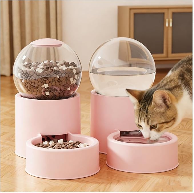 CAQ Cat Water Dispenser Automatic Pet Water Dispenser 1000 ml PP Material Cat Food and Water Dispenser Set for Cats Dogs, Pink