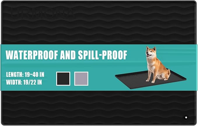 URMONA 19" x 19" Silicone Pet Feeding Mat, Dog Cat Food and Water Mat, Waterproof Raised Edge Cat Litter Box Tray, Rubber Pets Accessories, Puppy Kitty Essentials（Black）