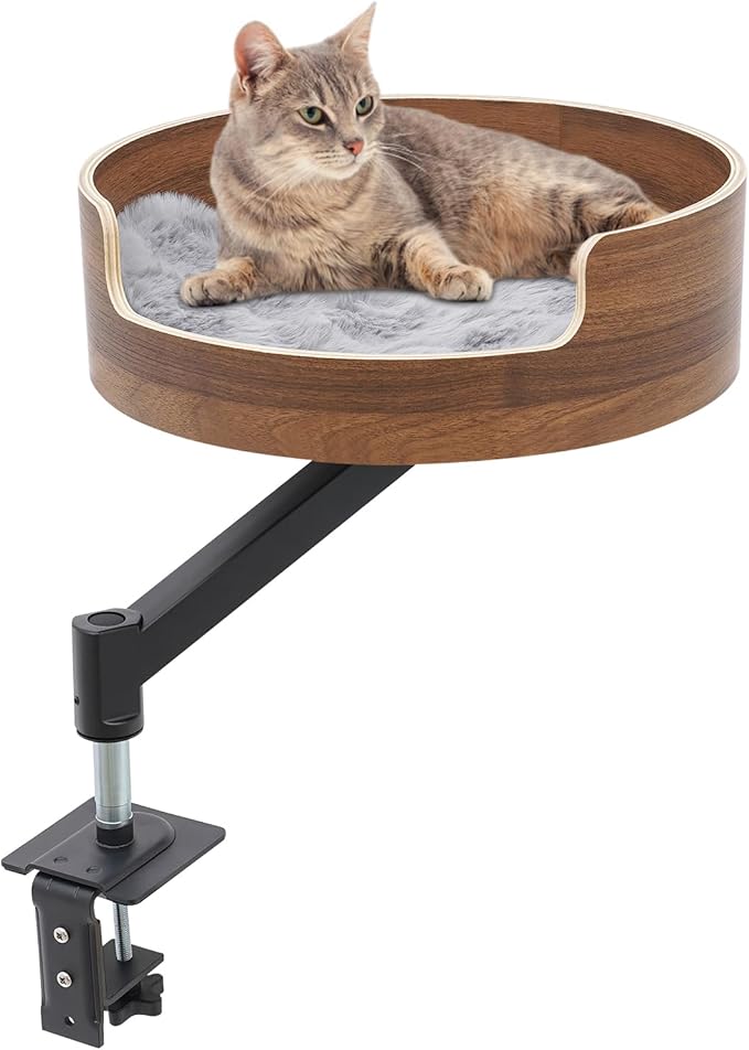 15in Cat Desk Bed -Elevated Desk Nest Cats Beds for Table, 360° Rotation & Height Adjustment, Supports 25 Lbs for Home Office, Living Room Relaxation Or Pet Store Displays.