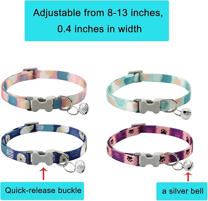 Cat Collar Set with Bell, Breakaway Nylon Kitten Collars, Safe Pet Accessories in Mixed Colors Adjustable 8-13 inches(4 pcs)