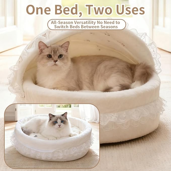 Cradle Nest Cat Cave Bed - Semi-Enclosed Plush Cradle Pet Bed with Removable Washable Cover, Cute Princess Dog Bed, Small Dog House & Cozy Cat Furniture for Indoor Cats, Small Dogs, Puppies