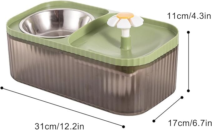 Cat Water Fountain and Food Bowl 2-in-1 Automatic Pet Water Dispenser with Flower Smart Pump USB Cat Waterer Fountain Cute Cat Food and Water Bowl Set for Cats Kitty Dogs Multiple Pets(Green)