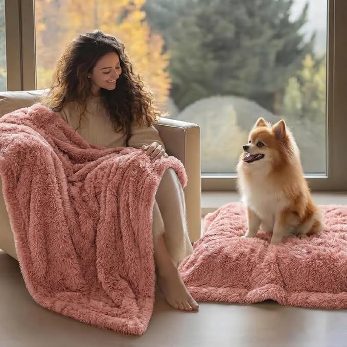 Pink Fluffy Waterproof Caling Blanket for Big Dogs Fuzzy Long Faux Fur Pet Blankets for King Size Bed Covers (Pink,XL-85x57in)
