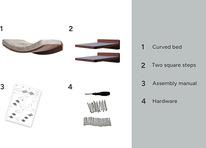 Premium Cat Shelves – Shelf in Walnut Brown with Replaceable Carpet with 2 Pine Wood Steps (3pcs). Sturdy Perches for Wall. Cat Hammock Bed Furniture for Cats