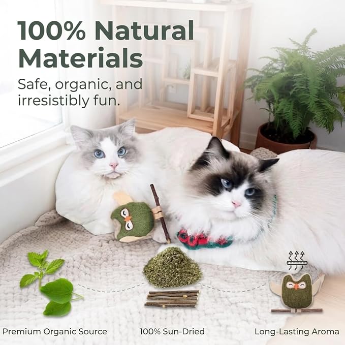 Tails & Tales Cat Toys Owls, Catnip & Silvervine Plush, Bite-Resistant & Soft Interactive Toys for Indoor Cats & Kittens, Reduces Stress & Encourages Activity, Pack of 4