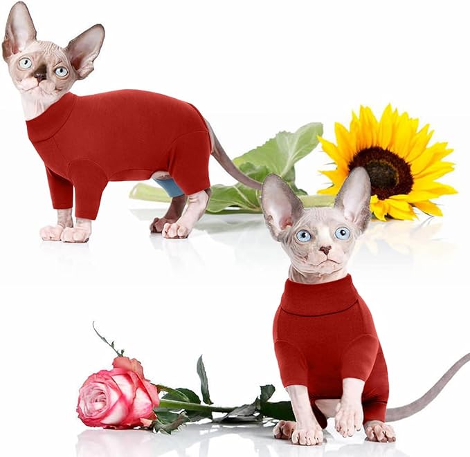 ROZKITCH Sphynx Clothes for Cats, Breathable Soft Cat Jumpers for Cats Only, Cat Coat with Four Legs, Warm Sweater T-Shirt Pajamas Jumpsuit Vest Cornish Rex Devon Rex Peterbald Red 2XL