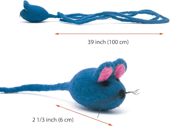 Glaciart One Felt Mouse Cat Toy – Soft Fuzzy Enrichment 100% Natural Wool - Interactive Catnip Play Cat Toy Set - Safe for Pets, Non-AZO Colored Dyes - 42” Long