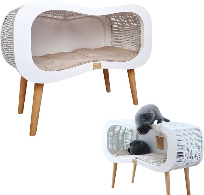 Wiklibox Wicker Cat Bed with Mattress - Infinity on Legs Design - Comfortable & Cozy Natural Bed for Cats - Indoor Kitten House with Thick & Durable Plywood - Handcrafted 100% Polish Pet Furniture
