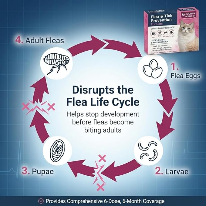 Cat Dewormer Topical Flea & Tick for Cats & Kittens, Monthly for Cats Over 1.5 lbs & 8 Weeks or Older, 6 Doses Supply Fast-Acting & Long-Lasting Waterproof Drops