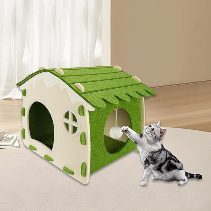 Felt Cat House Sleeping Bed Cozy Hideaway for Small Large Cats Bunny Scratch Resistant Pet Furniture- Green