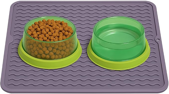 Silicone Pet Feeding Mat for Dogs, Cats, Small Animals, Non-Slip Waterproof Food and Water Mat with Raised Edge, BPA-Free Convenient Hook Storage by Dependable Industries (Purple, 12 x 16 inch)
