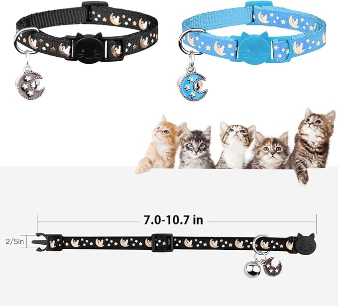 Baeuppit 2Pcs Breakaway Cats Collars Cat Collars for Boy Cats Adjustable Kitten Collars with Bell,Black+Light Blue