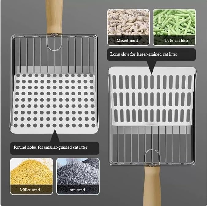 Metal Cat Litter Scoop, Stainless Steel, Large Size, Fine-Hole, Shovel for Scooping Feces (Square-Hole cat Litter Scoop, Length 10.83 inches, Width 5.31 inches)