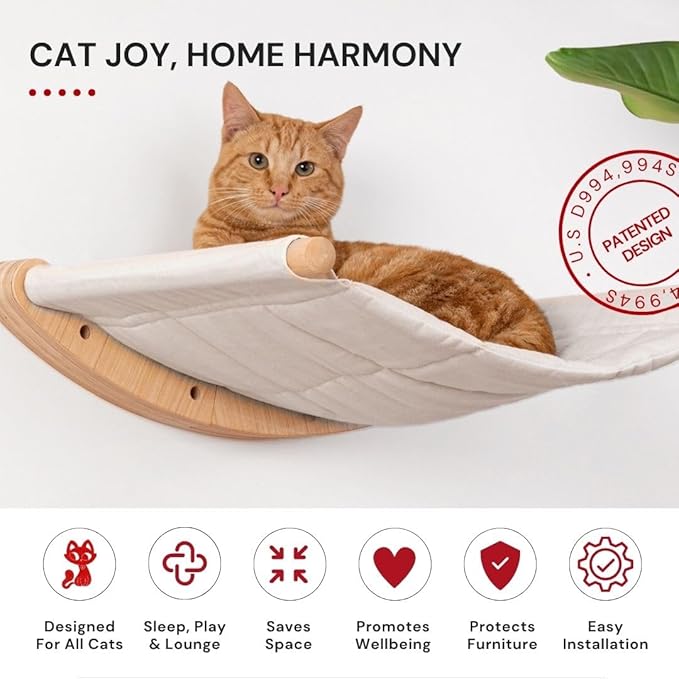 7 Ruby Road Cat Wall Hammock – Wall Mounted Cat Bed for Large Cats – Wood Perch Shelf, Cat Hammock for Wall, Holds Up to 35 lbs