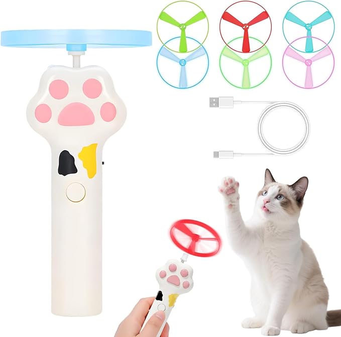 Cat Fetch Toy, Rechargeable Flying Disc Launcher Toy with 6 Flying Discs, Cat Toy Launcher, Flying Bird Cat Toy, Cat Interactive Toys for Outdoor and Indoor (White)