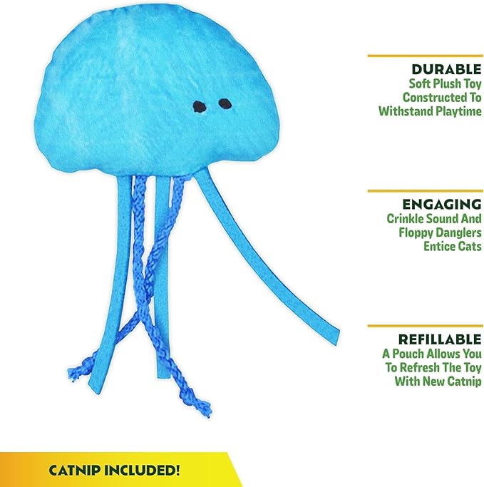 Jellyfish and Crab Toy Bundle | ZOOMIE Refillable Jellyfish and Crab Plush Catnip Toys | High Potency Hand Harvested Fresh Catnip | Soft Plush for Engaging Play