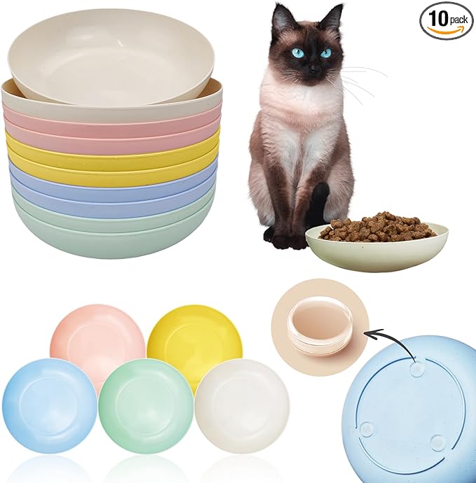 10 Pcs Cat Food Bowls for Whisker Fatigue Relief, 5.7 Inch Cat Dishes for Food and Water, Wheat Straw Kitten Bowls for Indoor Cats, Wide Shallow Small Pet Dishes Plates