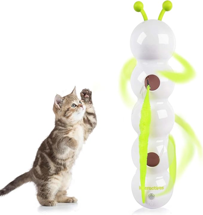 Interactive Cat Feather Toy, Caterpillar Cat Toy Automatic Fluffy Tail Teaser with Motion Sensor, USB Rechargeable, Suction Cup for Stable Play, Perfect for Indoor Cats