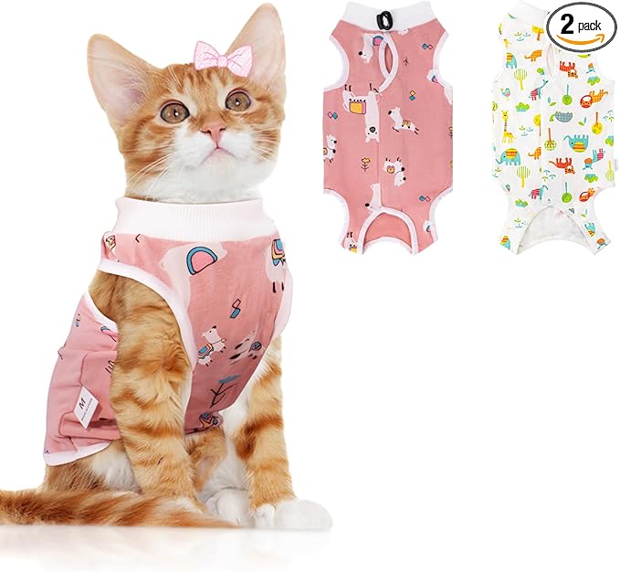 2 PCS Cat Recovery Suit Female Cat Onesie for Cats After Surgery Spay Abdominal Wounds, Kitten Surgery Recovery Suit Female Breathable E-Collar Alternative Kitten Onesie Anti Licking Medium
