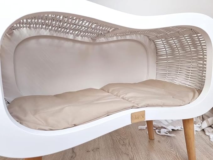 Wiklibox Wicker Cat Bed with Mattress - Infinity on Legs Design - Comfortable & Cozy Natural Bed for Cats - Indoor Kitten House with Thick & Durable Plywood - Handcrafted 100% Polish Pet Furniture