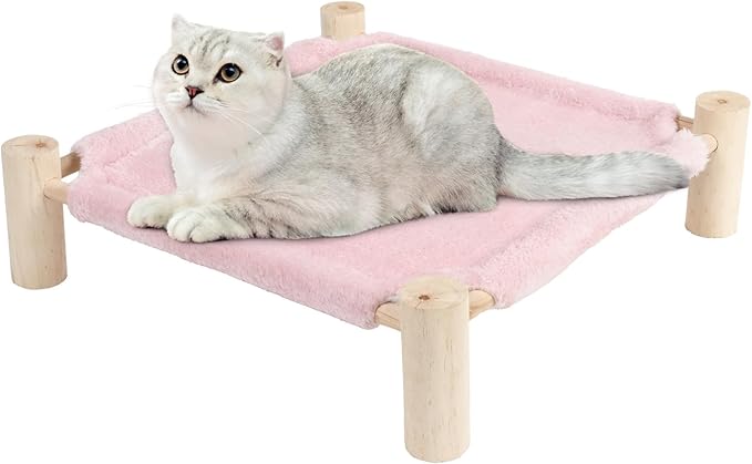 Patas Lague Cat and Dog Hammock Bed for Small Dogs, Brethable Wooden Cat Pet Rabbit Elevated Bed Cots Furniture for All Seasons Fleece Pink