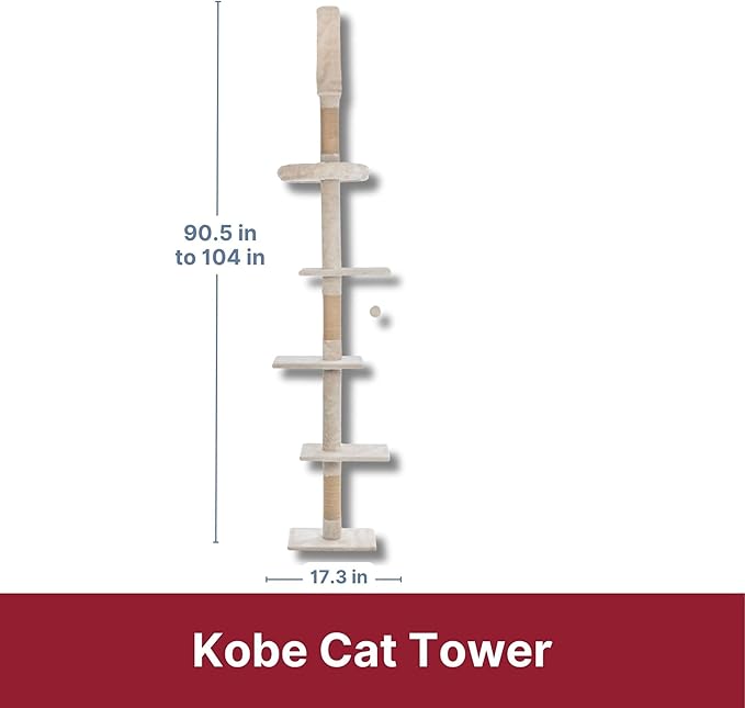Trixie Kobe Cat Tree, 4-Level Indoor Cat Furniture, 90.5"-104" Ceiling Mount Tower with Adjustable Tension Rod, Large Jute Scratching Post, Beige