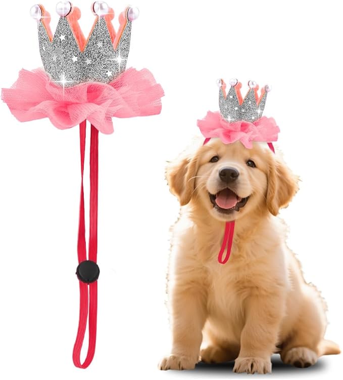 Glitter Pet Birthday Hat for Dog Cat with Pearls, Adjustable Pet Hat for Dog Cat for Birthday Party Decorations for Pet Dogs Cats Bday Hat with Lace Hair Accessories for Pet Dog Cat Puppy Hat