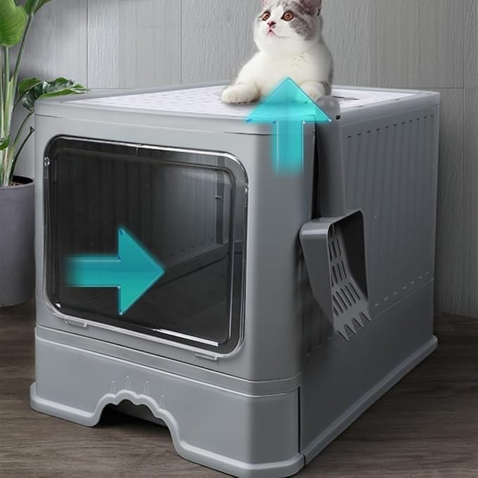 Pet Supplies, Foldable Enclosed Cat Litter Box with Lid,Top Entry, Anti-Splash & Easy Clean(Gray)