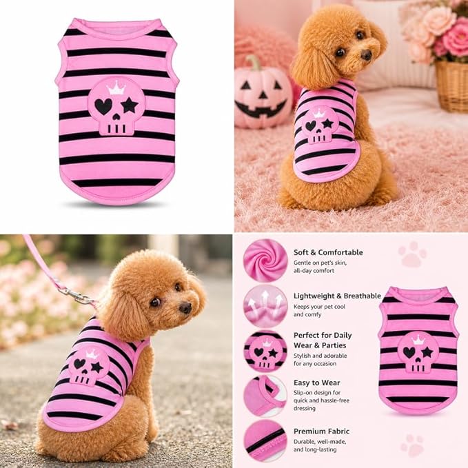 Petitebella Black Skull Face Puppy Dog Shirt (Pink/Black Stripes, Medium)