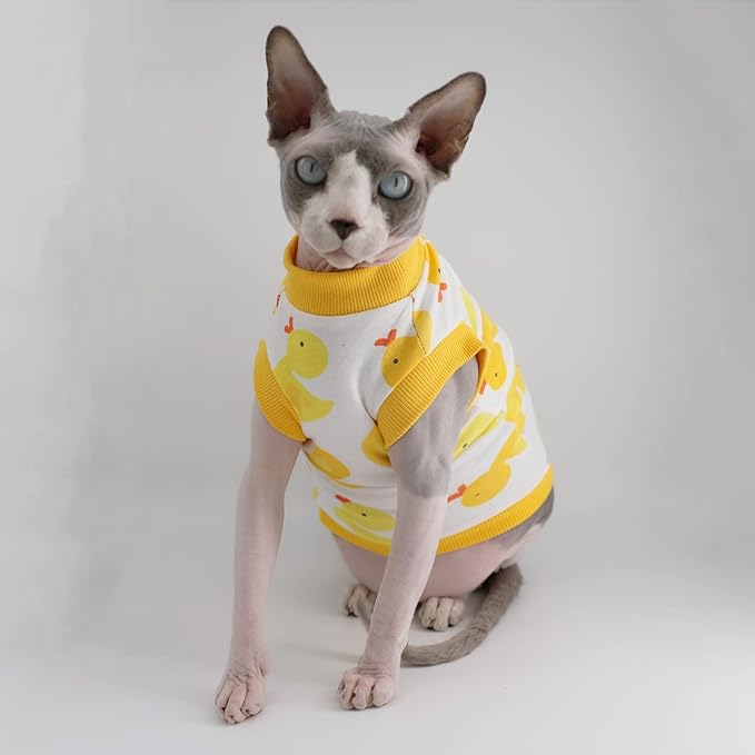 Sphynx Hairless Cat Summer Cotton T-Shirts Cat Vest Pet Clothes,Round Collar Vest Kitten Shirts Sleeveless, Cats & Small Dogs Apparel (Medium, Yellow Ducks)