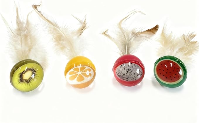 Fruit-Shaped 4-Pack Cat Ball Toy with Natural Feathers, Feather Cat Toy for Indoor Cats and Playful Kittens, Fun Exercise & Play