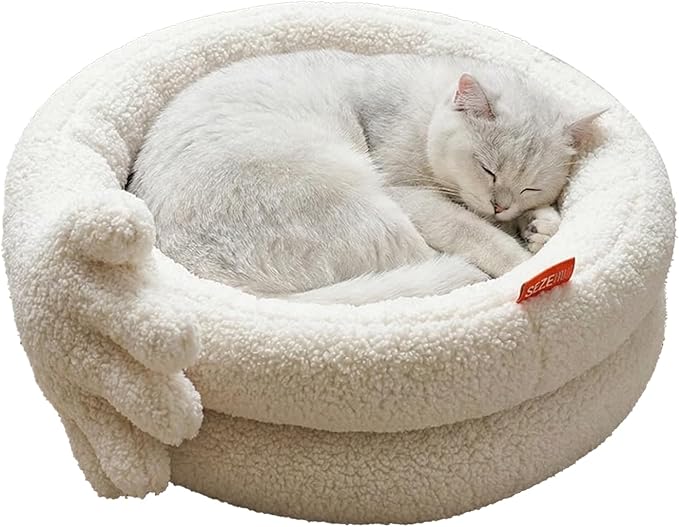 ZEZE Hugging Hand Cat Bed – Cozy Fleece Round Nest for Cats & Small Pets, Plush Supportive Cushion, Washable Cover, Modern Neutral Design, 21 x 26 x 9 Inches