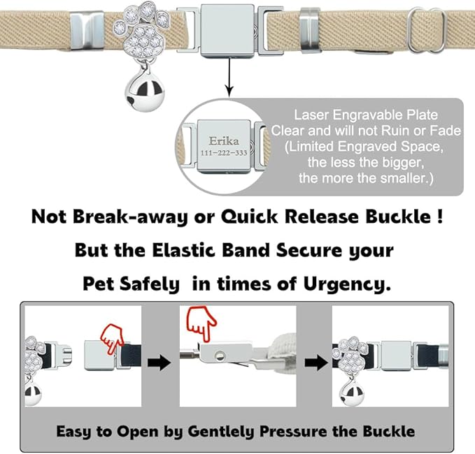 Personalized Safety Elastic Cat Collars with Bell,Laser Customized Stretch Kitten Collars for Girls Boys Cats-Khaki