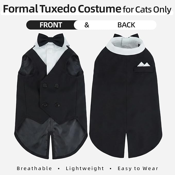 QBLEEV Cat Tuxedo Outfit, Sphynx Cat Costume for Cats Only, Formal Kitten Clothes Attire Suit with Bow Tie, Stylish Birthday Wedding Party Photo Shoots Costume for Male Female Cats, XXL, Black