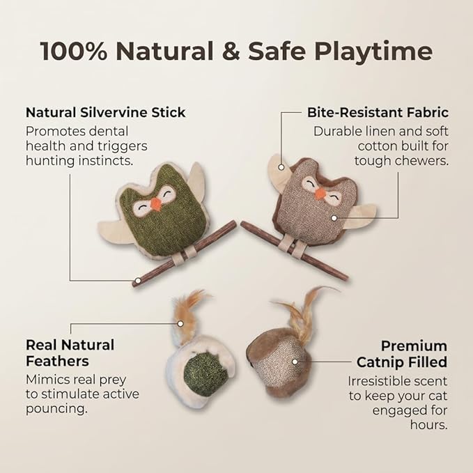 Tails & Tales Cat Toys Owls, Catnip & Silvervine Plush, Bite-Resistant & Soft Interactive Toys for Indoor Cats & Kittens, Reduces Stress & Encourages Activity, Pack of 4
