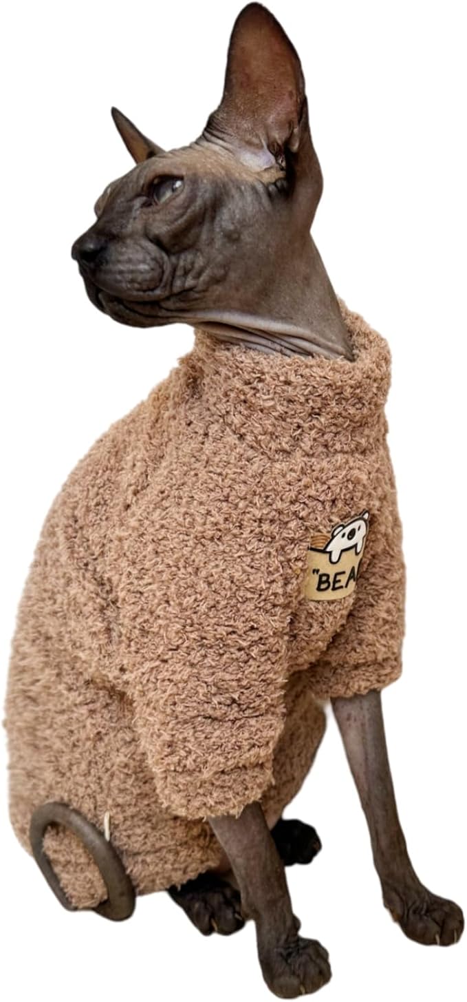 Sphynx Cat Clothes Hairless Cat Super Soft Warm Fleece T Shirt Elastic Winter Sweater Outfit, Pet Clothes for Sphynx Cat Coat for Cats and Small Dogs Apparel (Brown, X-Large)