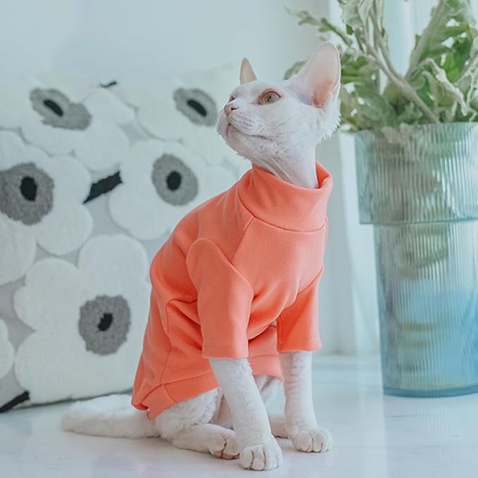 Sphynx Cats Warm Fleece Shirt Cat Turtleneck Undershirt Thermal Hairless Cat Clothes for Sphynx, Devon, Cornish Cat Clothes and Small Kitten and Dogs (Solid Orange, Large)