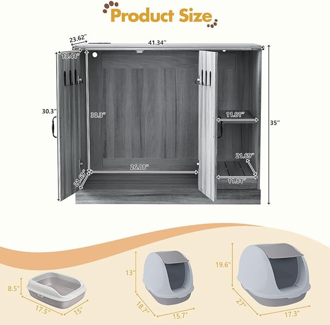 Extra Large Cat Litter Box Enclosure with Litter Collector, Hidden Litter Box Furniture Cabinet with Power Outlet & Storage Shelves, Cat House for Automatic Litter Boxes, Gray