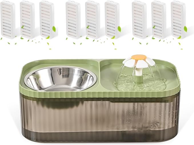 Cat Water Fountain and Food Bowl + 9 Pcs Filters (Black&Green)