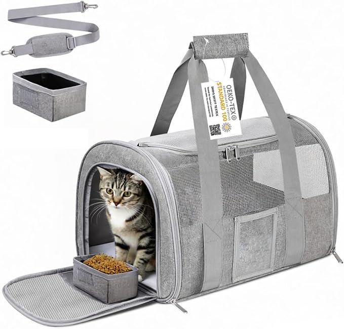 Airline Approved Cat Carrier Soft-Sided Pet Travel Carrier for Cats and Small Dogs up to 15lbs, TSA Approved Under Seat Carrier with Collapsible Bowl, Grey