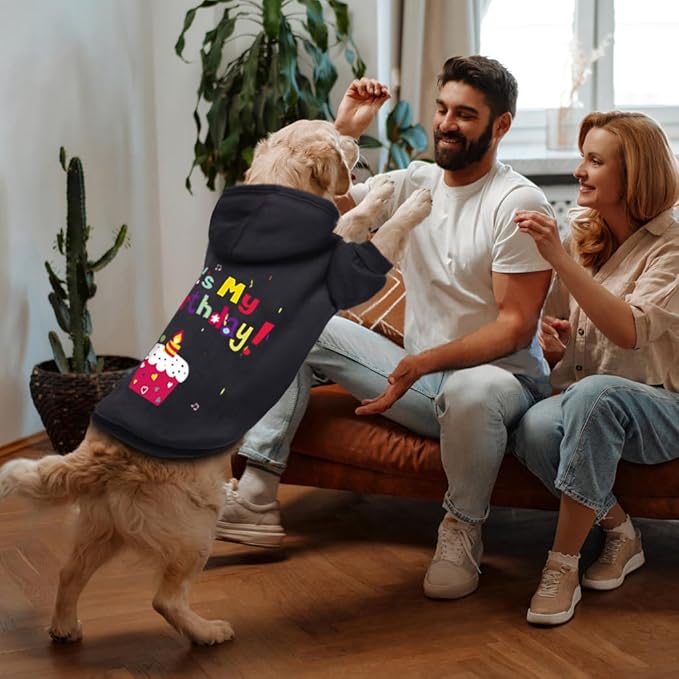 Dog Sweater Dog Hoodie Cold Weather Coat Hooded Sweatshirt for Puppies,Cats, Small Medium Large Dogs (Black(It's My Birthday), Large)