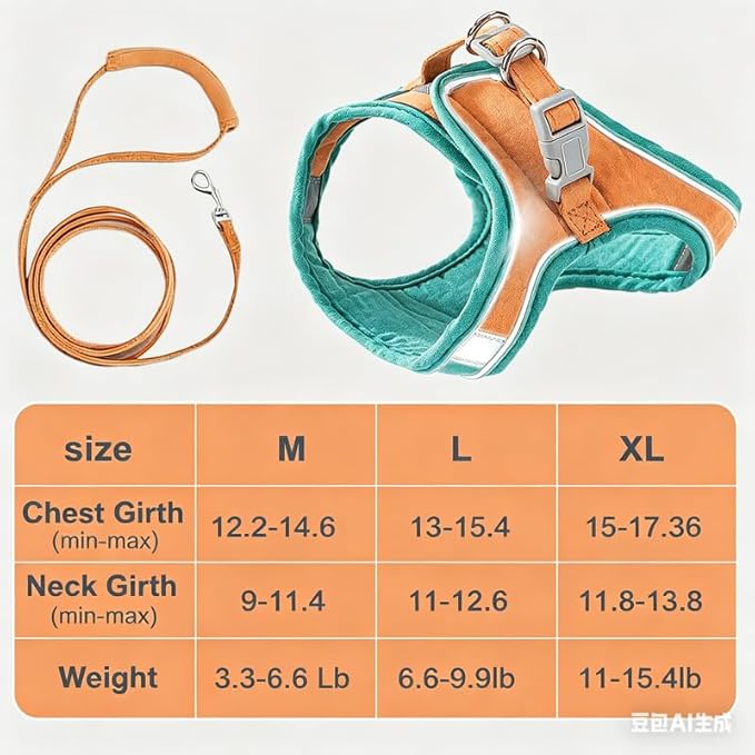 Greenfiree Cat Harness and Leash Set, Escape-Proof, Reflective, Adjustable, Medium, Green, Plush Lining, Clip Closure, Machine Wash