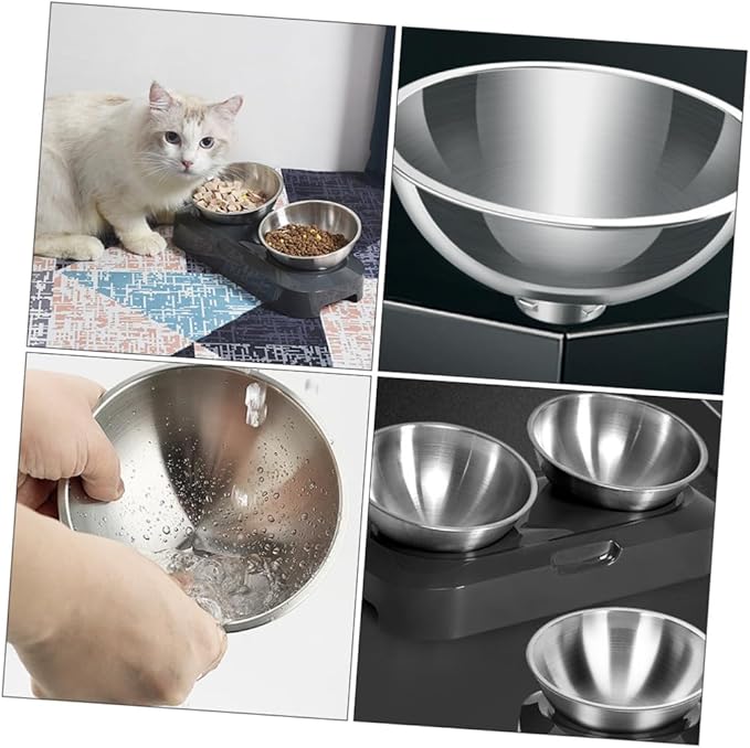 Adjustable Stainless Steel Slant Double Pet Bowl Set, Raised Cat Feeding and Watering Bowls for Kittens and Cats