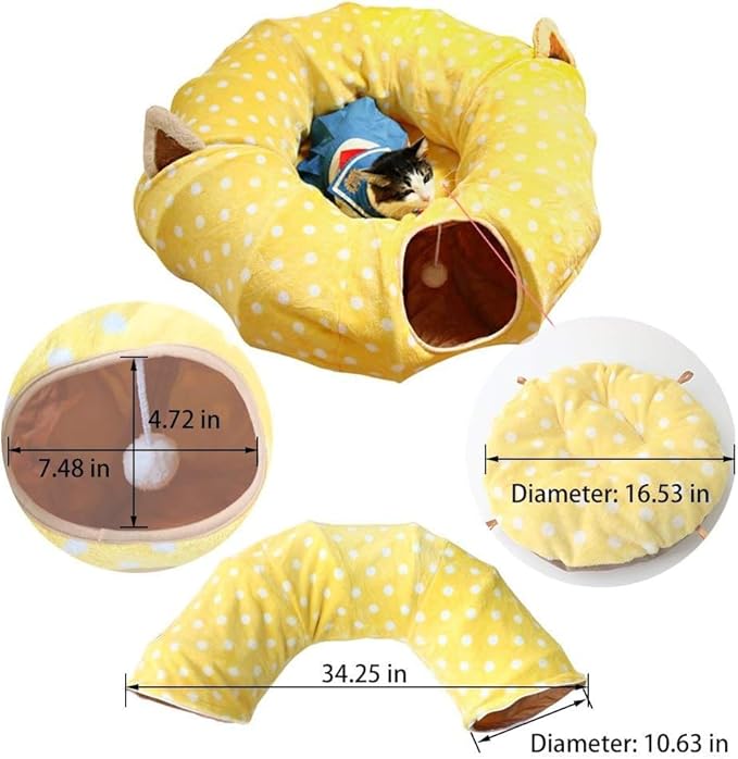 AUOON Cat Tunnel Bed for Indoor Cats - Large Cat Donut Tunnel with Hanging Ball Toy, Collapsible 2-in-1 Multifunctional Interactive Cat Toy for Kitten, Puppy, Rabbit, Ferret (Yellow)